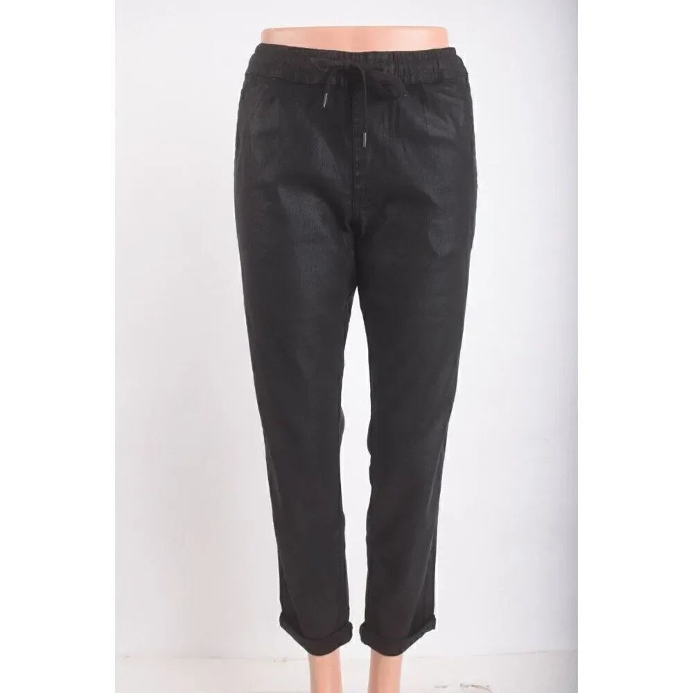 Hudson Jeans Womens Tracker Pants XS Black Coated Elastic Waist linen lyocell